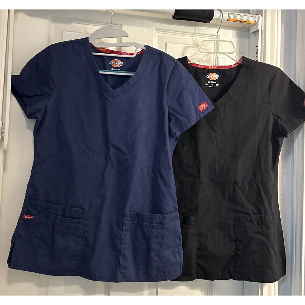 Lot Of 2 Dickies Unisex V-Neck Scrub Tops -Size Small Blue And Black